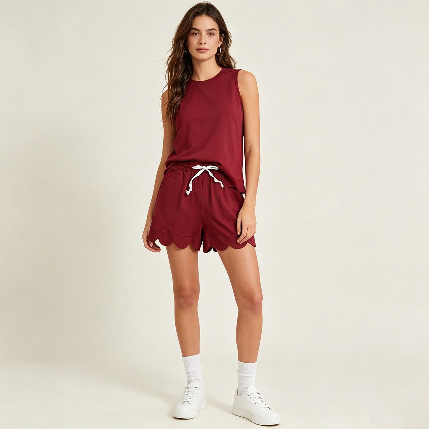 GSSO3735 RTS NO MOQ （In stock）Maroon sleeveless cotton scallop top shorts women set