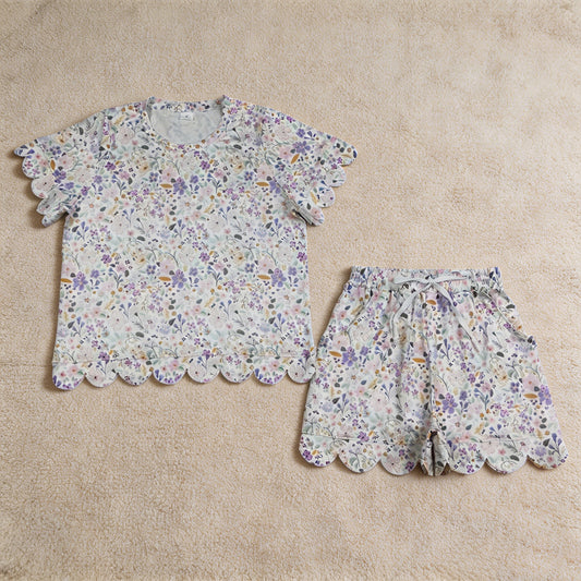 GSSO3420 RTS NO MOQ （In stock）Lavender white floral bow top shorts adult women outfits