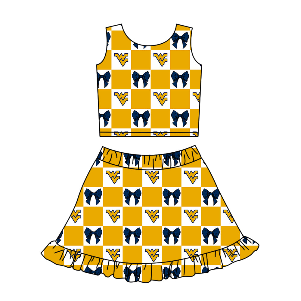 CUSTOM MOQ 5 Sibing Kids Clothing for Girls Baby Girls Yellow Bow Top Skirts Yoga Active Team Clothes Sets Knee Length Dress Shorts