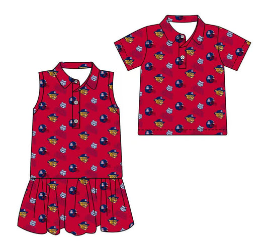 3.17 CUSTOM MOQ 5 Sibling Boys Baby Girls Summer Fashion Short Sleeve Hot Red Button Polo Shirts Sleeveless Dress Team Clothes Sets
