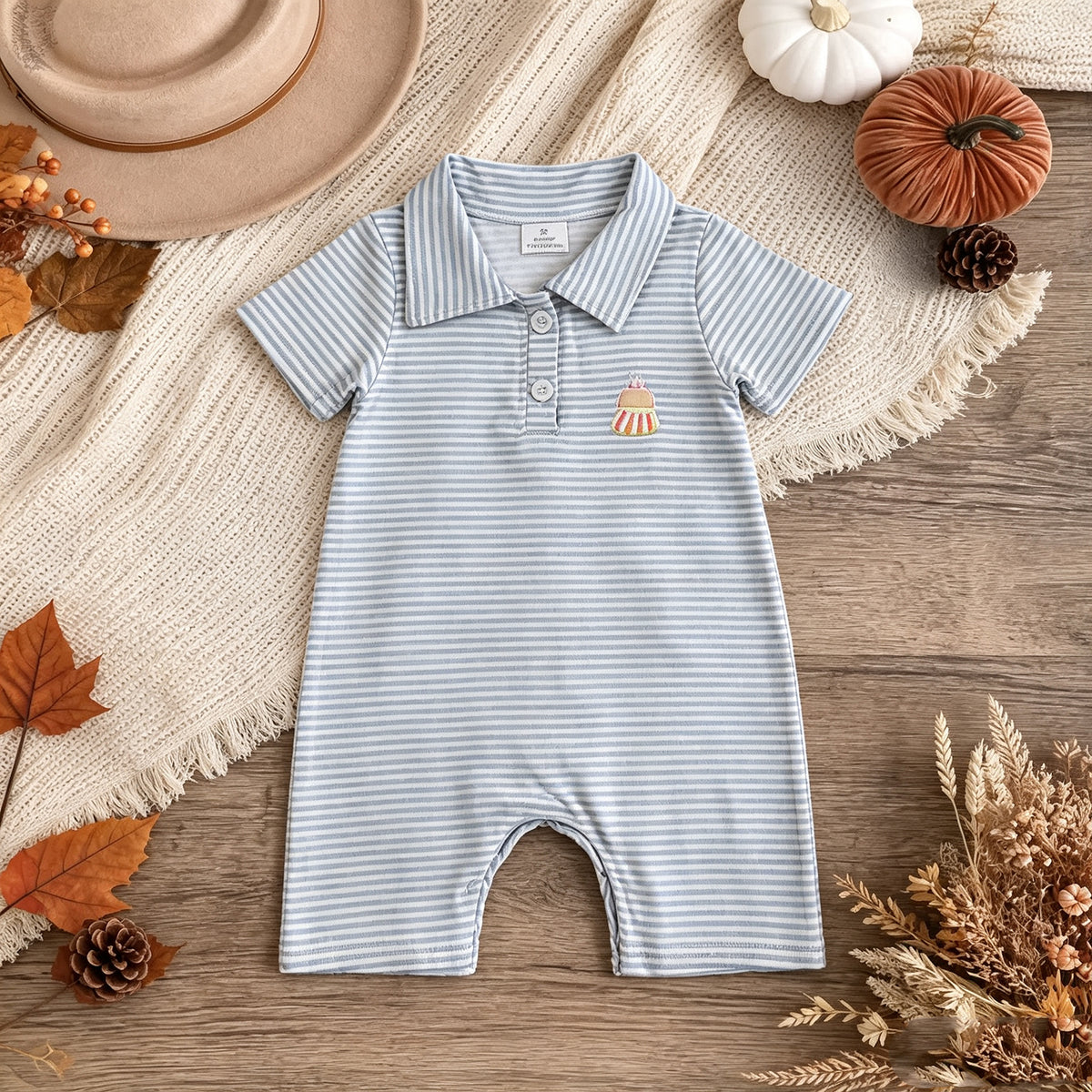 RTS NO MOQ （In stock）milk silk SR4281 Embroidery Baby Boys Blue Stripe Candy Print Short Sleeve Button Halloween Rompers
