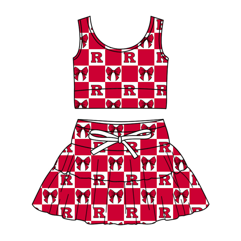CUSTOM MOQ 5 Sibing Kids Clothing for Girls Baby Girls Red R Bow Top Skirts Yoga Active Team Clothes Sets Knee Length Dress Shorts