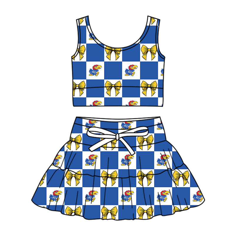CUSTOM MOQ 5 Sibing Kids Clothing for Girls Baby Girls Blue Bow Top Skirts Yoga Active Team Clothes Sets Knee Length Dress Shorts