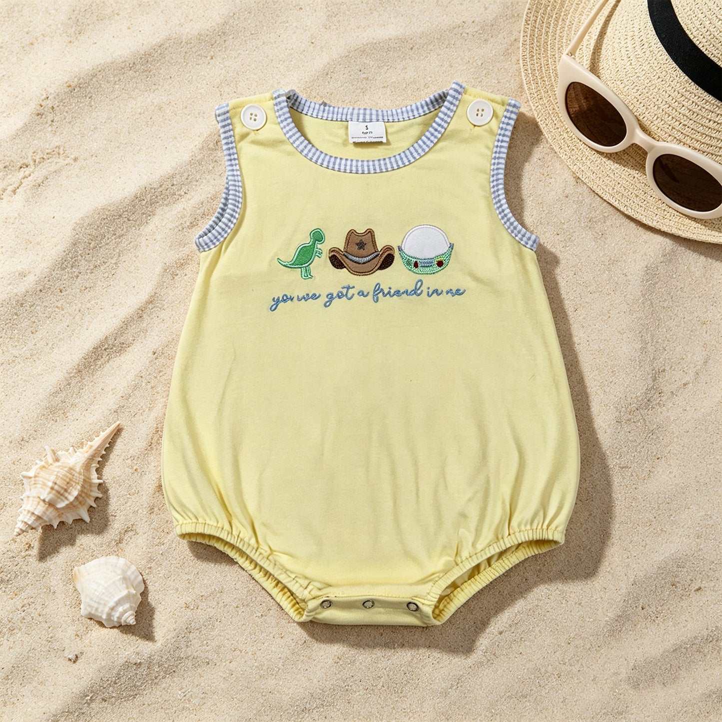 SR4106 RTS NO MOQ （In stock）Yellow dinosaur embroidery baby boy summer romper