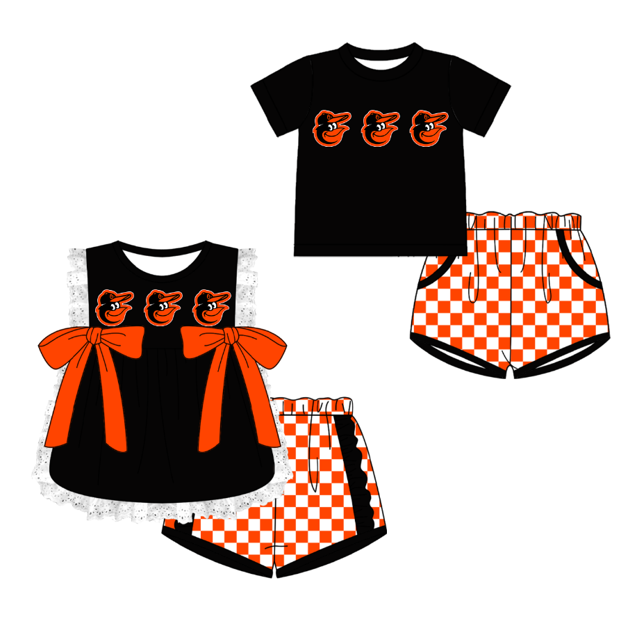 CUSTOM MOQ 5 Cute Comfortable Clothing For Kids Sibling Boys Baby Girls Summer Black Bow Top Orange Checked Shorts Team Clothes Sets