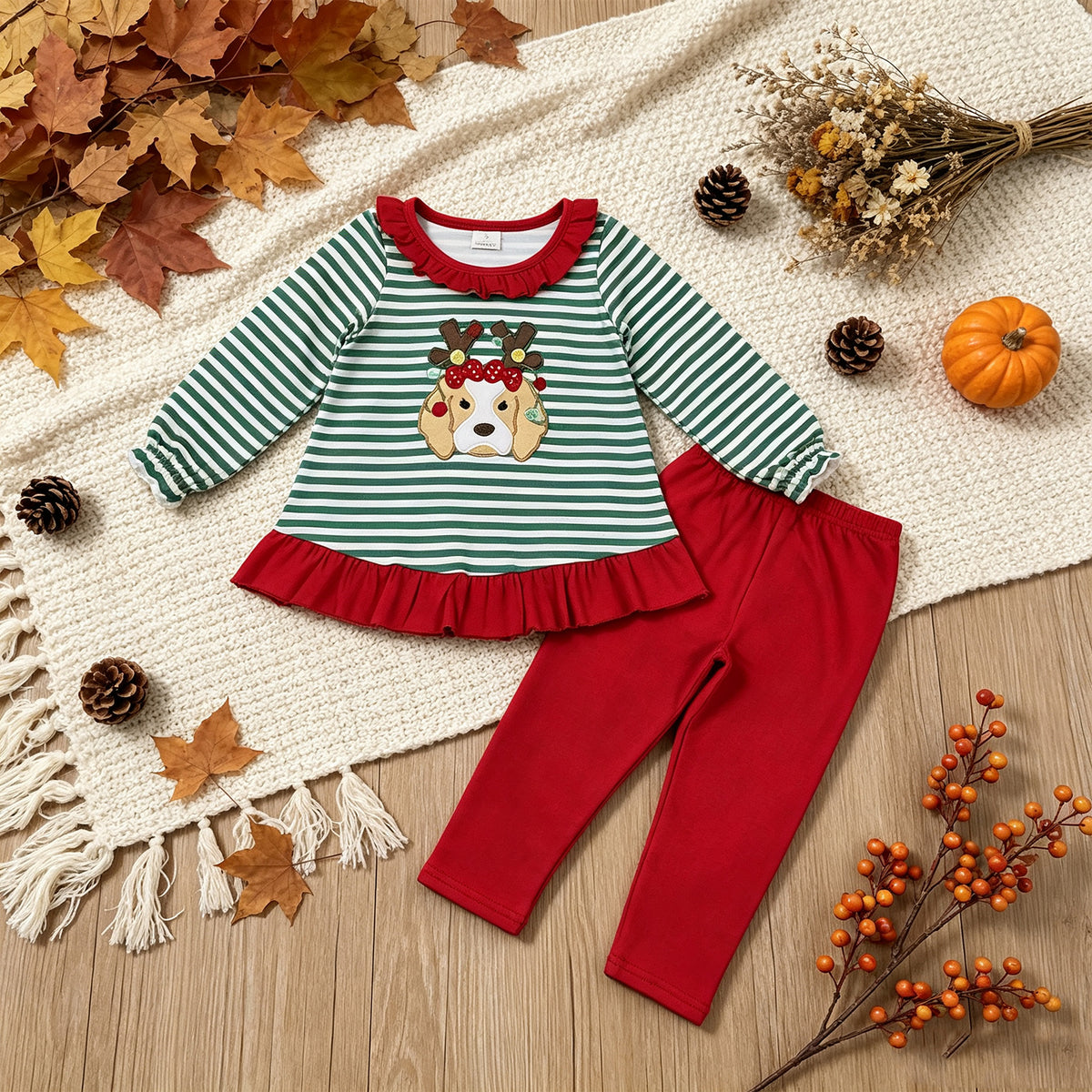 RTS NO MOQ （In stock）milk silk GLP3494 Embroidery Lights Dog Baby Girls Green Stripe Tunic Leggings Christmas Clothes Sets
