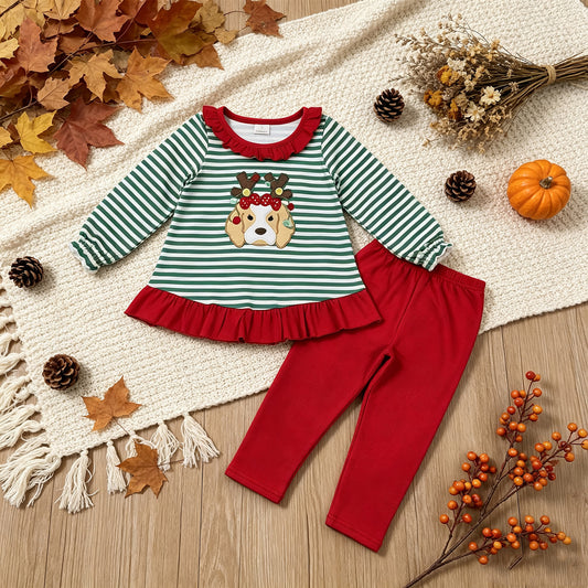 RTS NO MOQ （In stock）milk silk GLP3494 Embroidery Lights Dog Baby Girls Green Stripe Tunic Leggings Christmas Clothes Sets