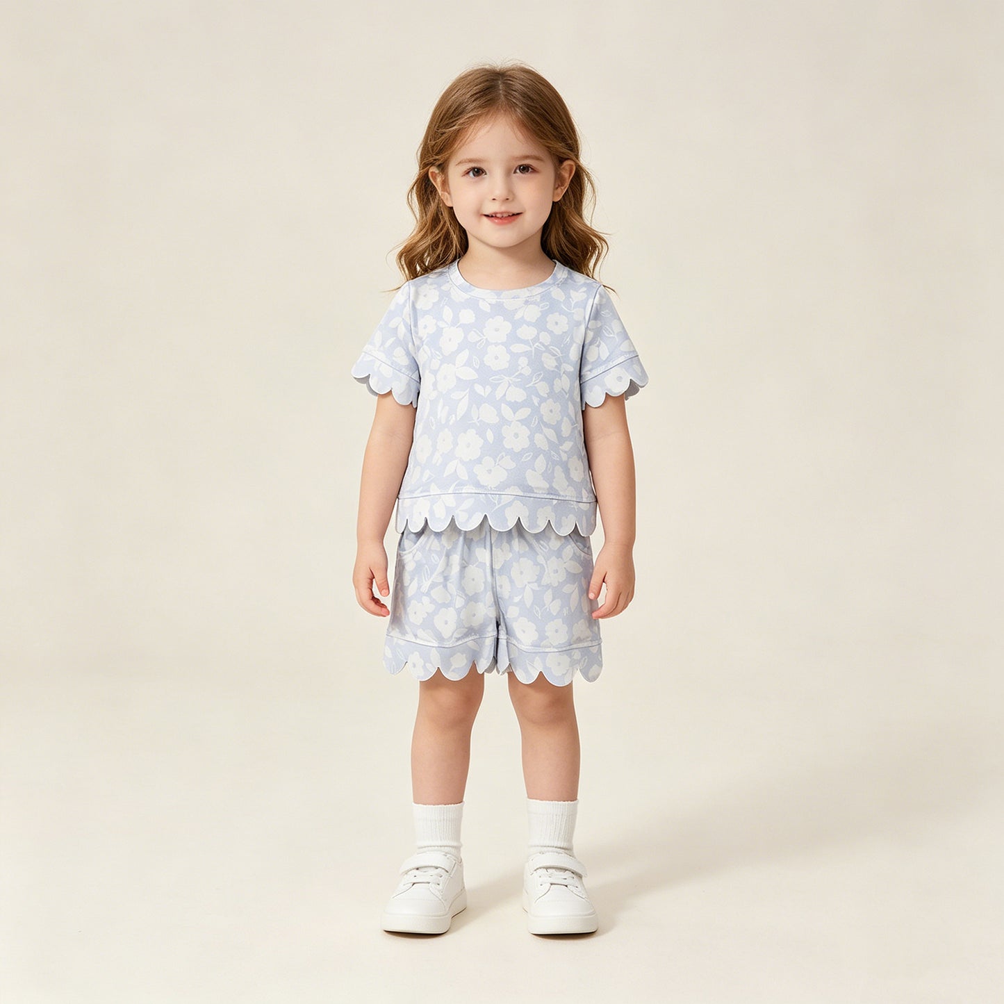 GSSO3730 RTS NO MOQ （In stock ）Short sleeves floral scallop pullover shorts girls outfits