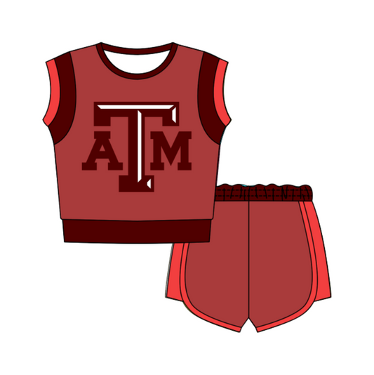 CUSTOM MOQ 5 Cute Comfortable Clothing For Kids Baby Kids Summer Red ATM Sleeveless Patchwork Top Shorts Clothes Sets