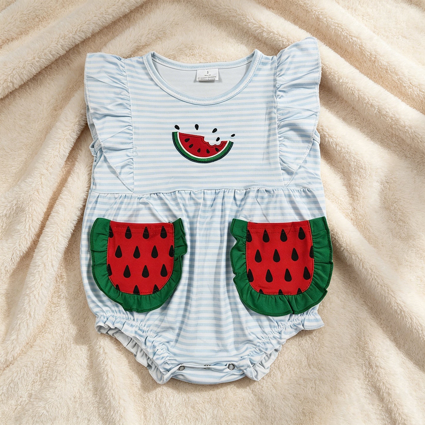 SR4153 RTS NO MOQ （In stock）Embroidery Watermelon Baby Girls Flutter Sleeve Blue Stripe Pockets Ruffle Romper