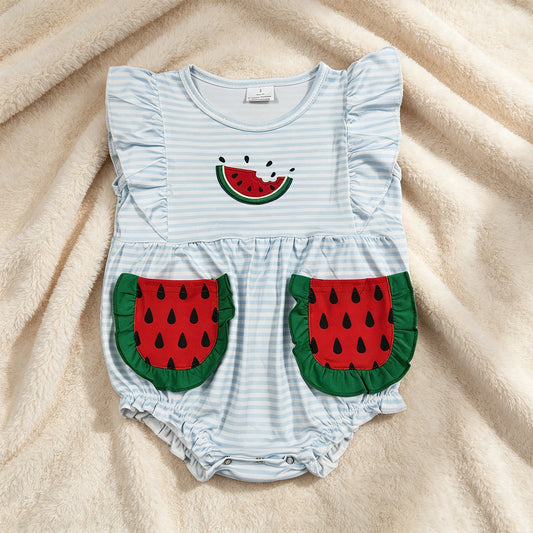 SR4153 RTS NO MOQ （In stock）Embroidery Watermelon Baby Girls Flutter Sleeve Blue Stripe Pockets Ruffle Romper