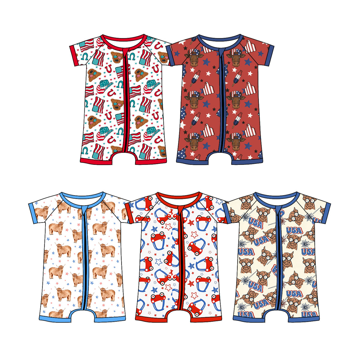 CUSTOM MOQ 5 Sibling Baby Boys 5 Colors Summer Short Sleeve Zip Rompers