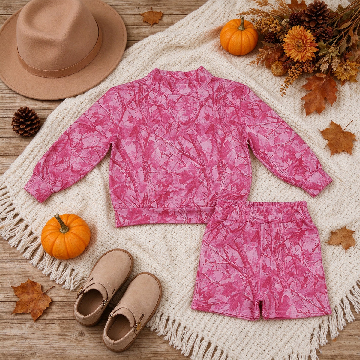 RTS NO MOQ （In stock）milk silk GLS0196（GT1823+SS0993）Baby Girls Pink Leaf Camo Print Crew Neck Long Sleeve Top With Pockets Casual Shorts Summer Daily Clothes Set