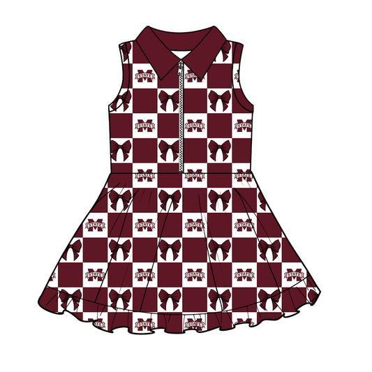 CUSTOM MOQ 5 Kids Clothing for Girls Baby Girls Dark Red Bow Yoga Active Shorts Team Knee Length Dresses