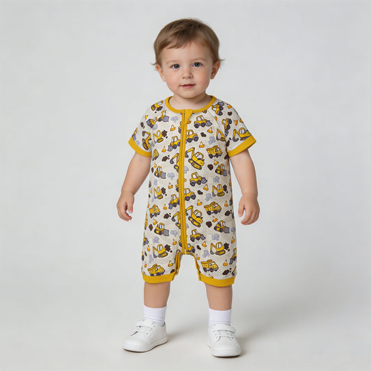 SR4183 RTS NO MOQ （In stock）Baby Boys Short Sleeve Excavators Tractors Zipper Short Romper
