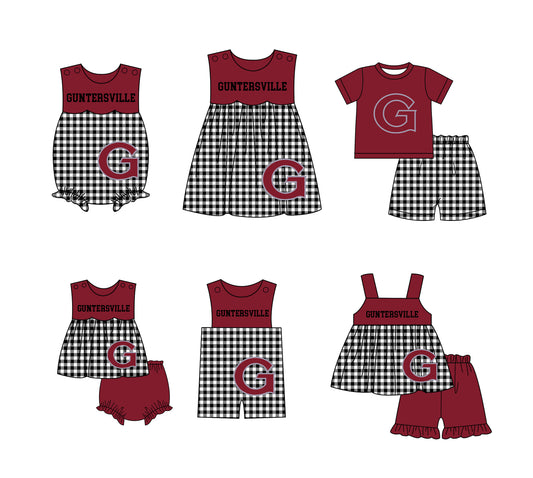 3.6 CUSTOM MOQ 5 Sibling Boys Baby Girls Dark Red G Checked Top Shorts Clothes Set Knee Length Dress Rompers