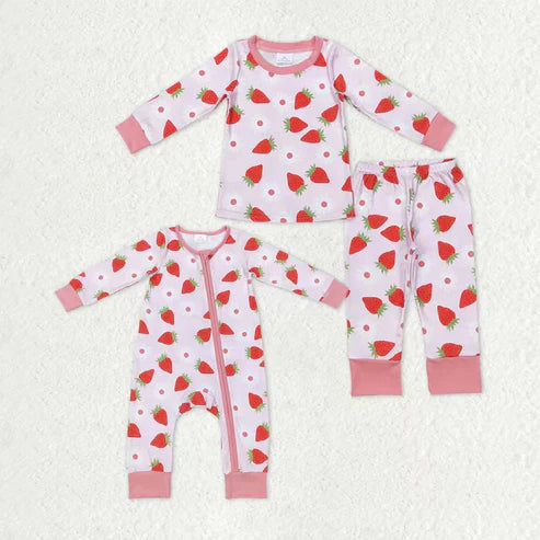 9.17 RTS Sibling Baby Girls Pink Flowers Strawberry Pajamas Sets Zipper Footie Rompers