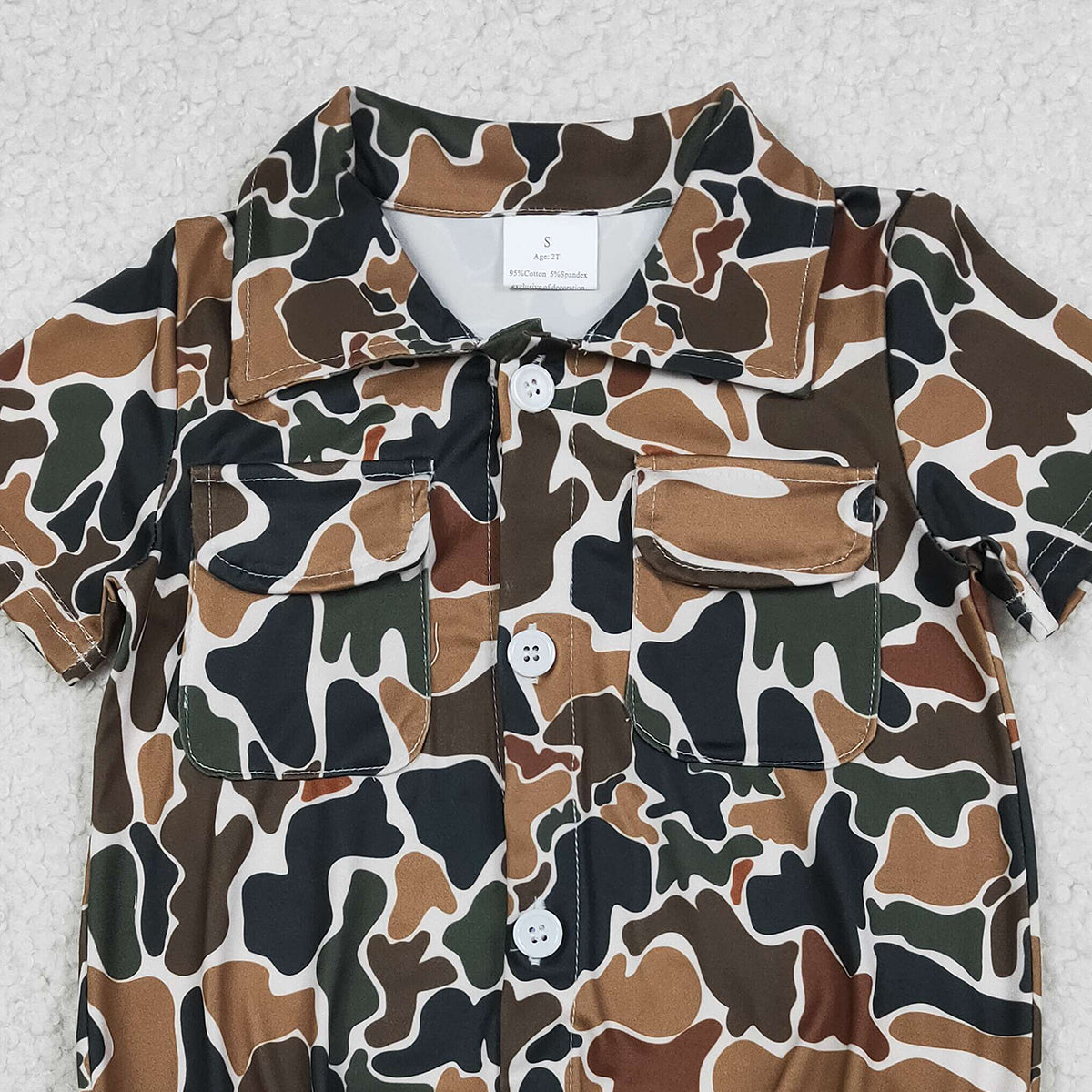 12.29 RTS NO MOQ （In stock）SR3656 Baby Boys Rompers Baby Boys Southern Dark Brown Camo Button Pockets Rompers
