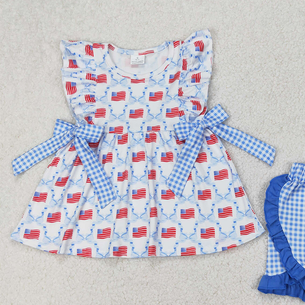 4.25 GSSO1684  RTS NO MOQ Light blue bow flag ruffle tunic shorts girls 4th of july clothes