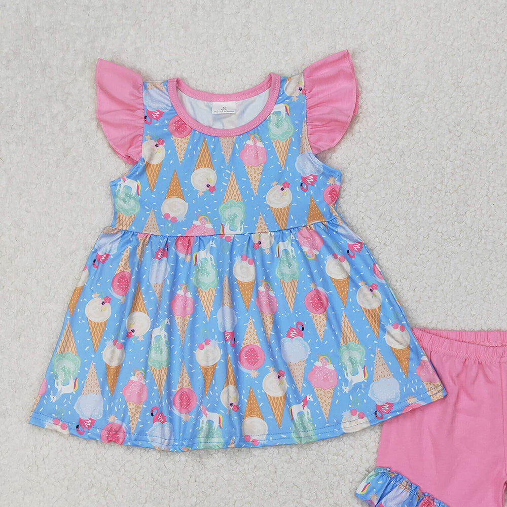 4.08 GSSO2402 RTS NO MOQ Flutter sleeves ice cream tunic shorts girls summer clothes
