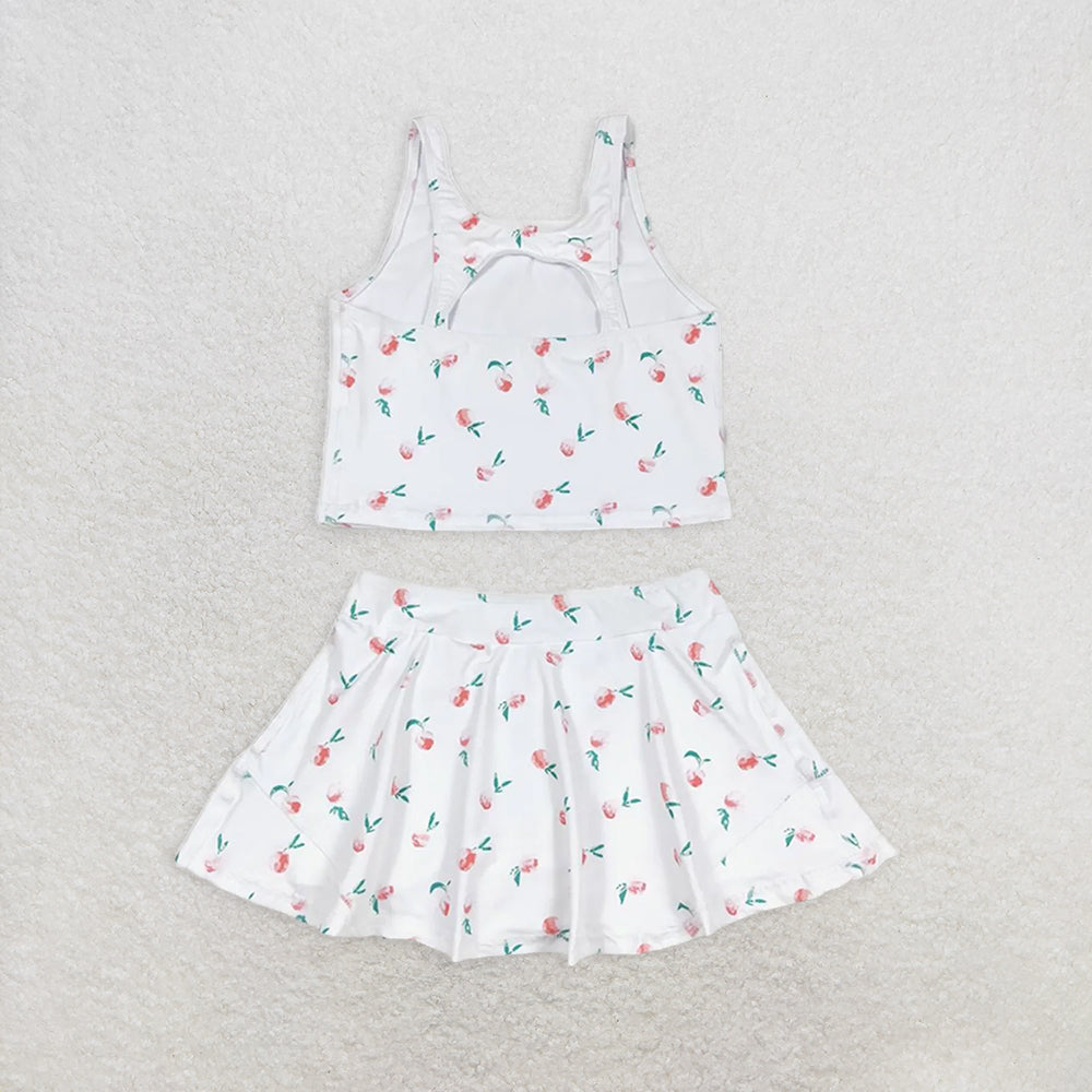 GSD0993  RTS NO MOQ Baby Girls Yoga Outfits Baby Girls Summer White Peach Top Skirts Active Wear Clothes Sets