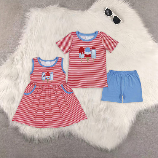 8.16 RTS Sibling Red stripe popsicle top shorts boys 4th of july outfits rompers