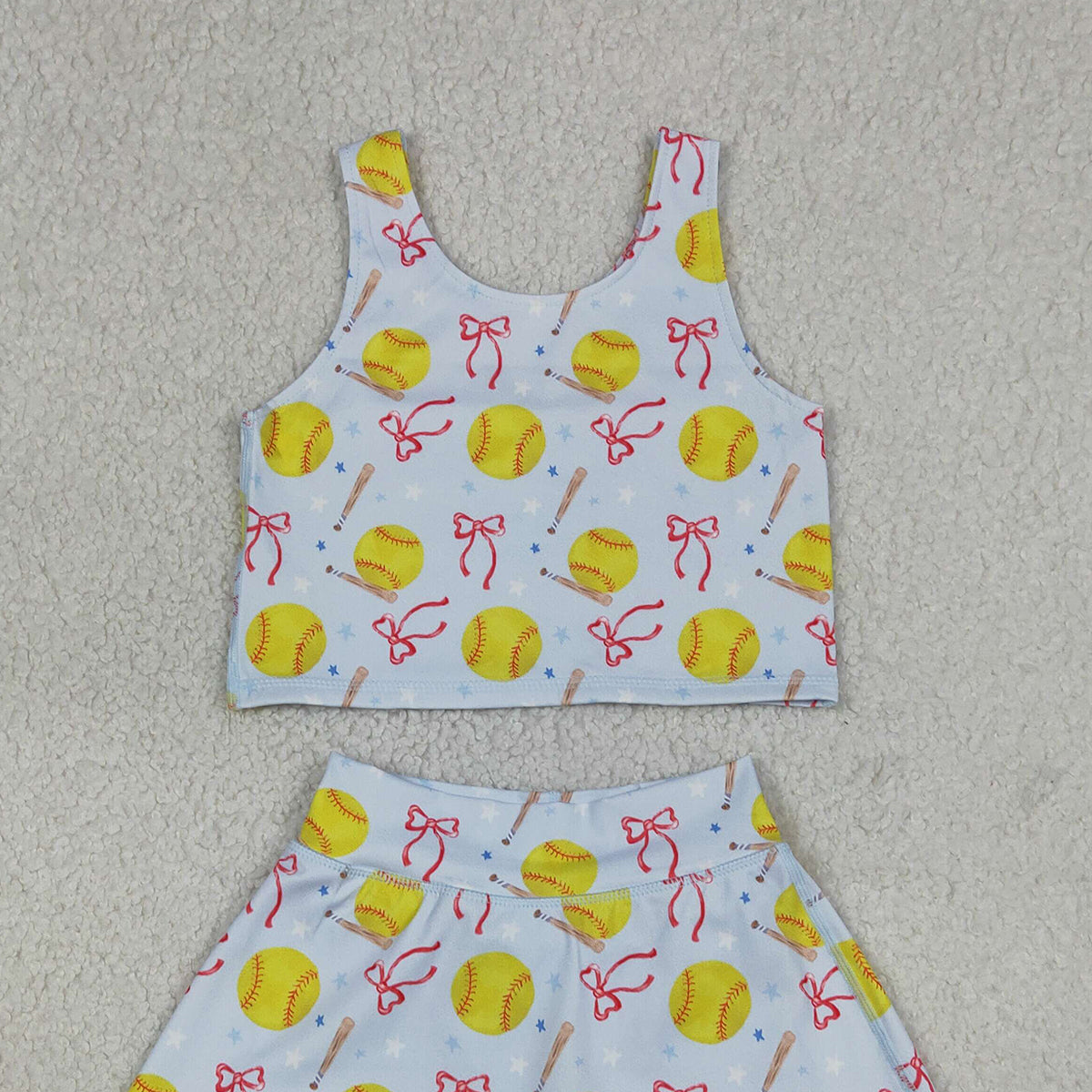 4.13 GSD3836 RTS NO MOQ （In stock）Sleeveless softball bow kids girls summer activewear set