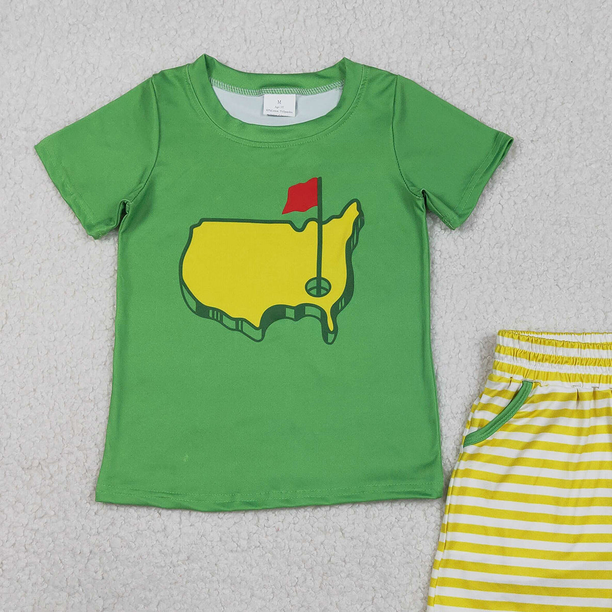 1.6 RTS NO MOQ （In stock）BSSO1673 Baby Boys Green Golf Flags Top Pockets Stripe Shorts Clothes Sets