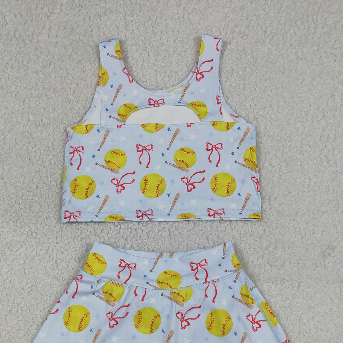 4.13 GSD3836 RTS NO MOQ （In stock）Sleeveless softball bow kids girls summer activewear set