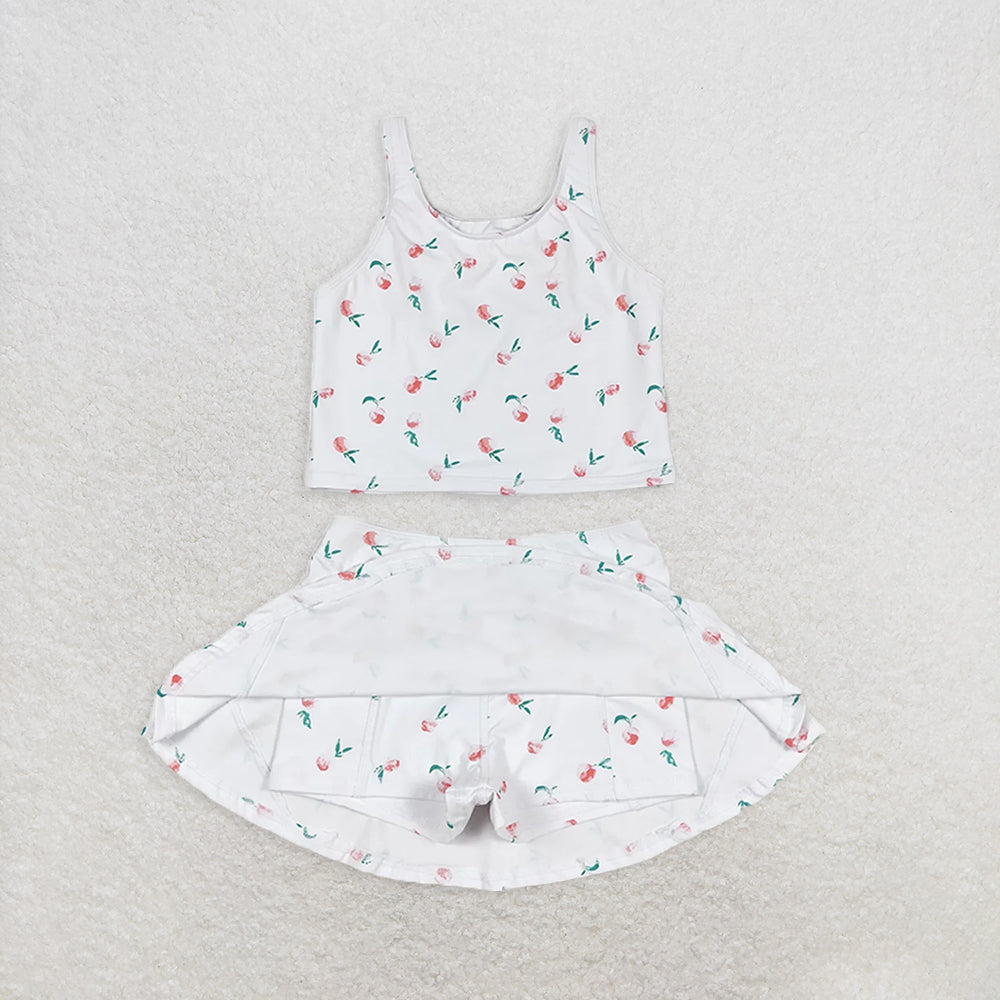 GSD0993  RTS NO MOQ Baby Girls Yoga Outfits Baby Girls Summer White Peach Top Skirts Active Wear Clothes Sets