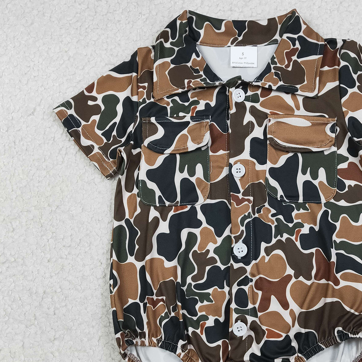 12.29 RTS NO MOQ （In stock）SR3656 Baby Boys Rompers Baby Boys Southern Dark Brown Camo Button Pockets Rompers