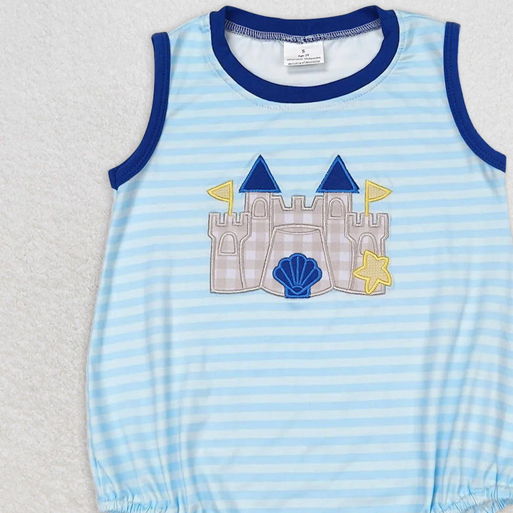 SR1318 RTS NO MOQ Baby Boys Summer Rompers Baby Girls Boys Castle Embroidery Beach Sibling Clothes Sets