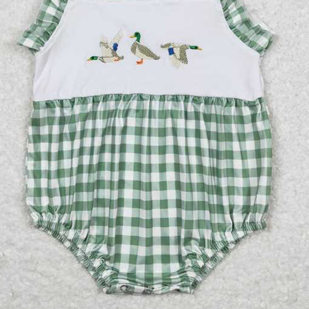 4.30 SR1065 RTS NO MOQ Green plaid straps duck baby girls summer romper