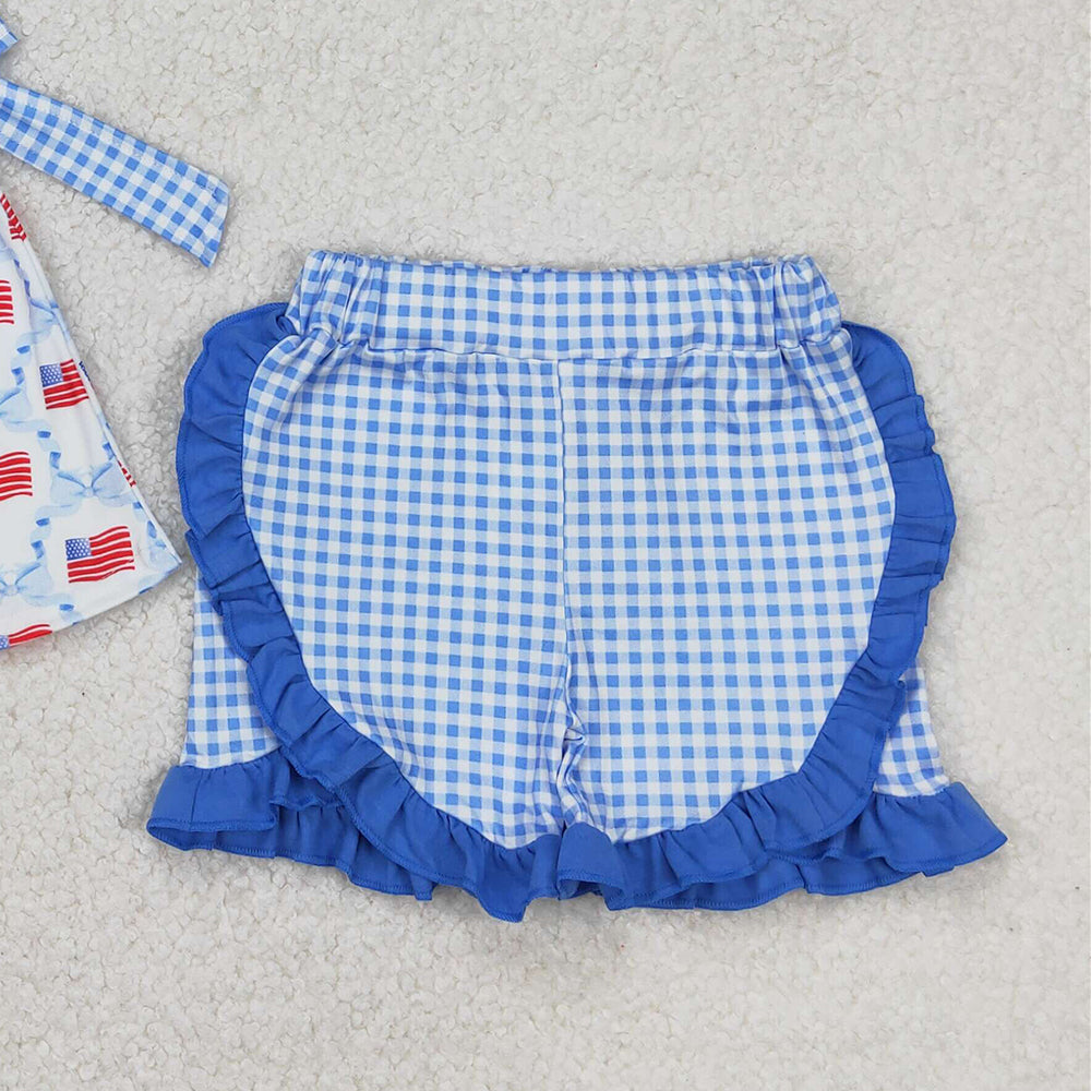 4.25 GSSO1684  RTS NO MOQ Light blue bow flag ruffle tunic shorts girls 4th of july clothes