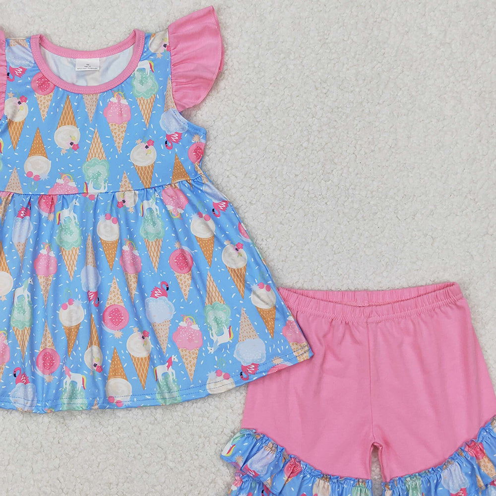4.08 GSSO2402 RTS NO MOQ Flutter sleeves ice cream tunic shorts girls summer clothes