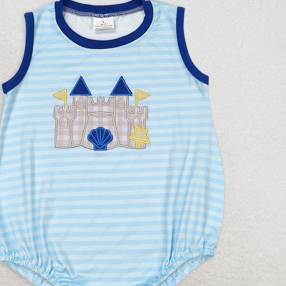 SR1318 RTS NO MOQ Baby Boys Summer Rompers Baby Girls Boys Castle Embroidery Beach Sibling Clothes Sets