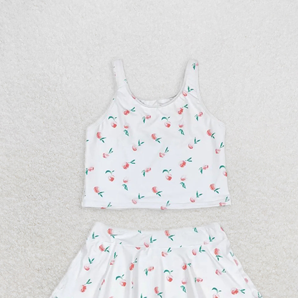 GSD0993  RTS NO MOQ Baby Girls Yoga Outfits Baby Girls Summer White Peach Top Skirts Active Wear Clothes Sets
