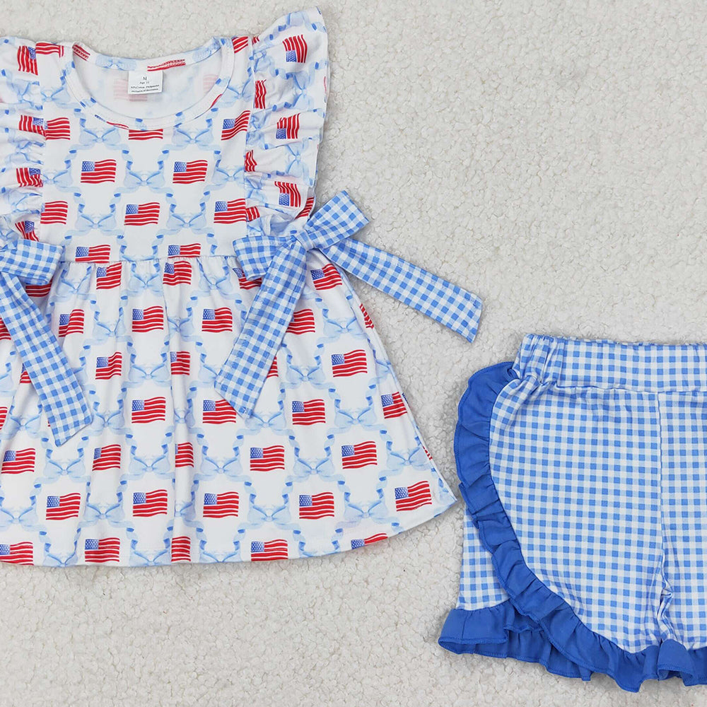 4.25 GSSO1684  RTS NO MOQ Light blue bow flag ruffle tunic shorts girls 4th of july clothes
