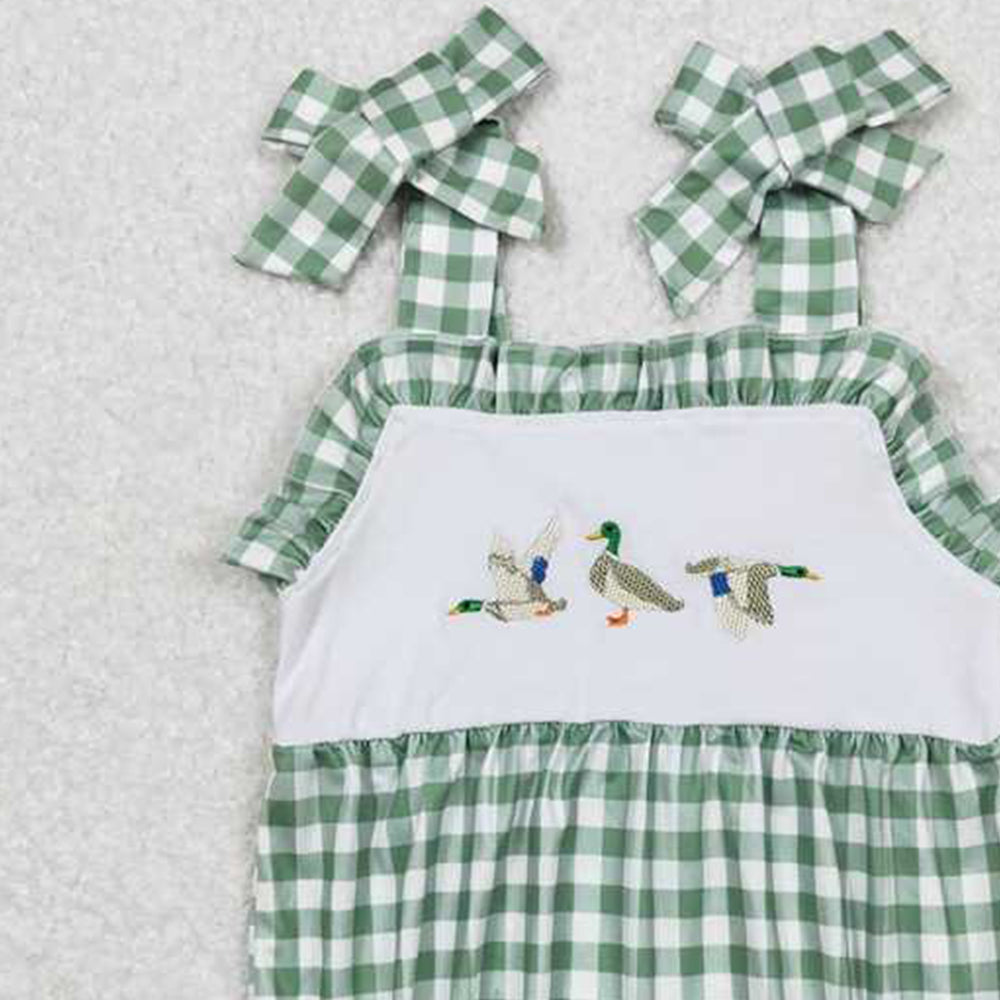 4.30 SR1065 RTS NO MOQ Green plaid straps duck baby girls summer romper