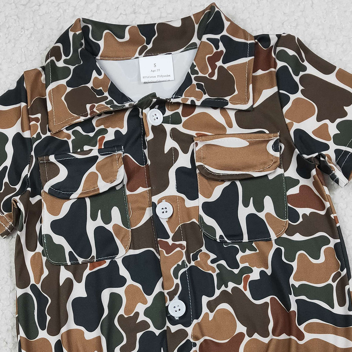 12.29 RTS NO MOQ （In stock）SR3656 Baby Boys Rompers Baby Boys Southern Dark Brown Camo Button Pockets Rompers