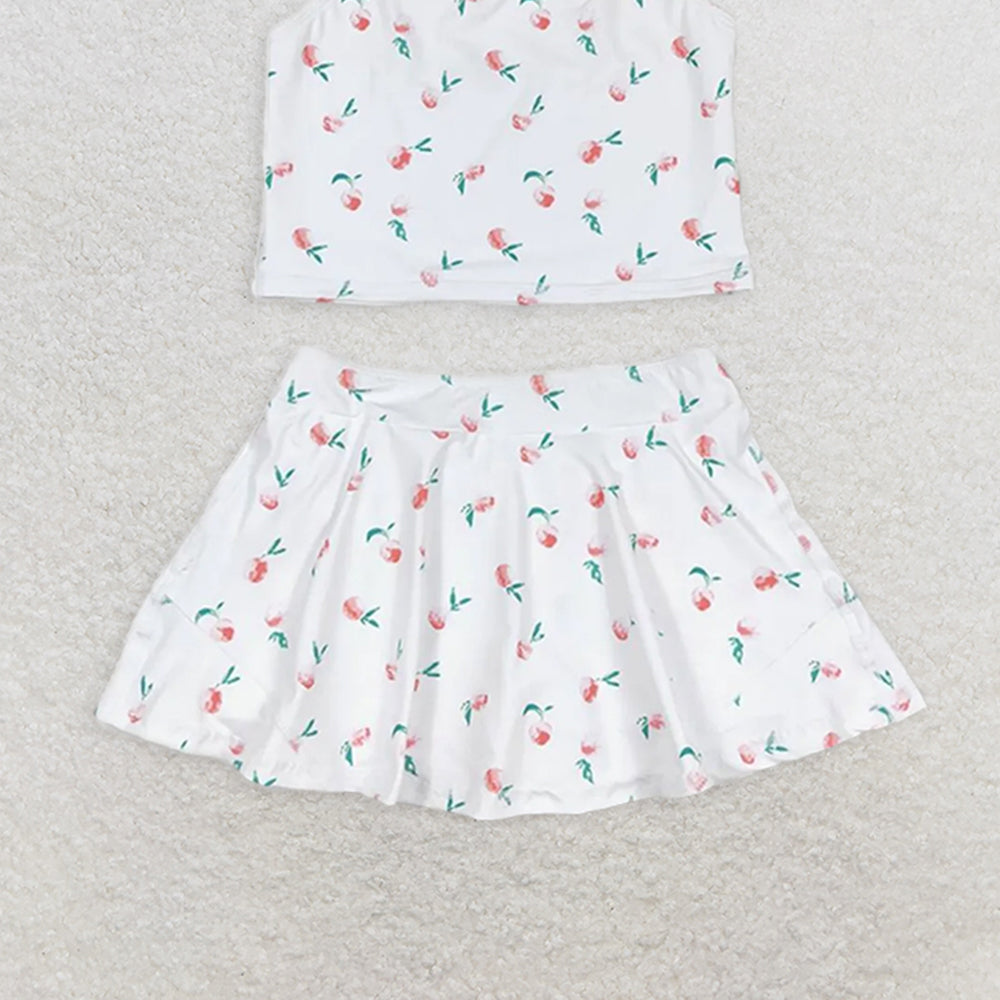 GSD0993  RTS NO MOQ Baby Girls Yoga Outfits Baby Girls Summer White Peach Top Skirts Active Wear Clothes Sets