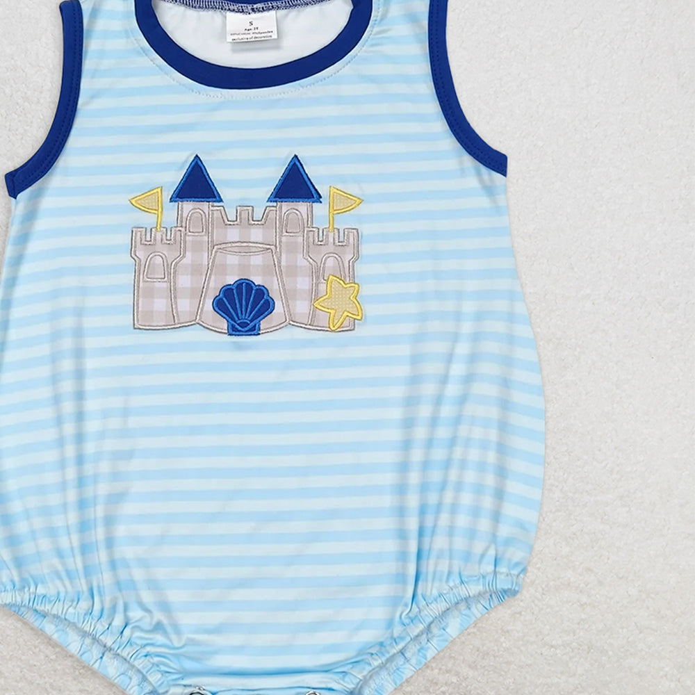 SR1318 RTS NO MOQ Baby Boys Summer Rompers Baby Girls Boys Castle Embroidery Beach Sibling Clothes Sets