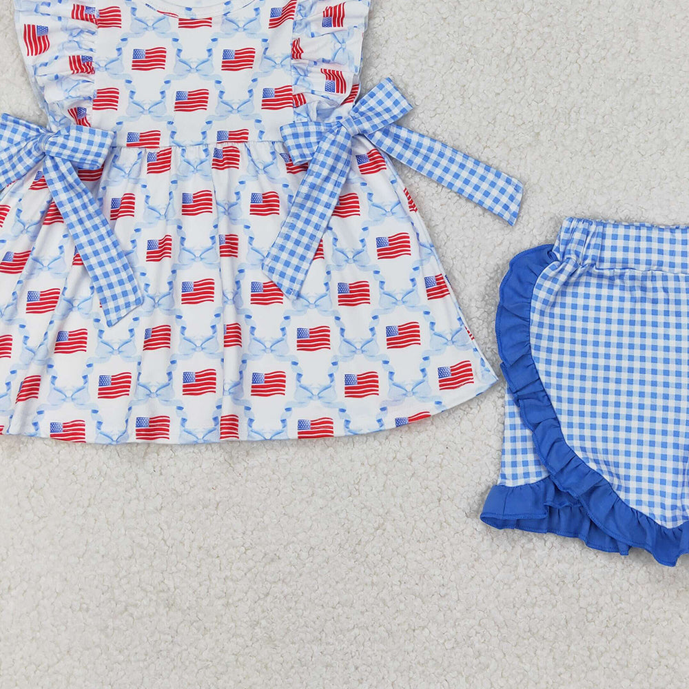 4.25 GSSO1684  RTS NO MOQ Light blue bow flag ruffle tunic shorts girls 4th of july clothes