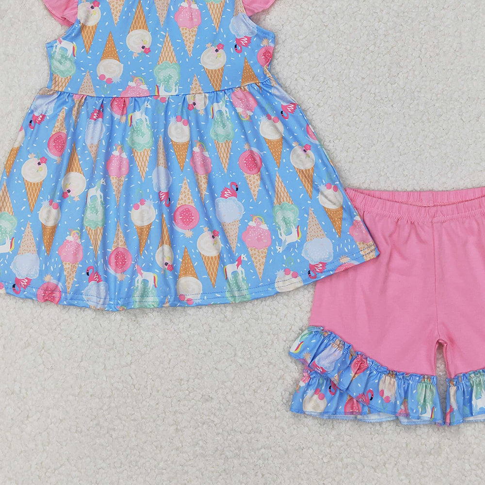 4.08 GSSO2402 RTS NO MOQ Flutter sleeves ice cream tunic shorts girls summer clothes
