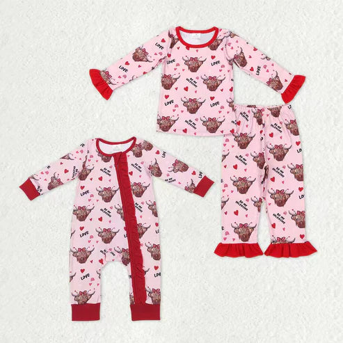 9.16 RTS Sibling Baby Girls Hearts Highland Cows Top Ruffle Pants Valentine Pajamas Sets Zipper Footie Rompers