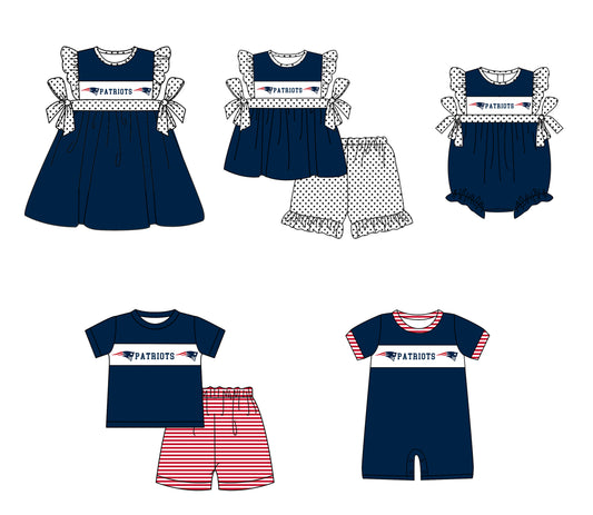 CUSTOM MOQ 5 Sibling Baby Kids Dark Blue Top Shorts Clothes Set Knee Length Dress Rompers