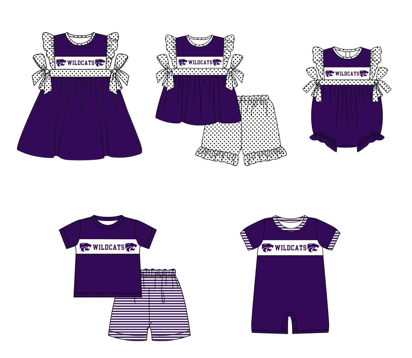 CUSTOM MOQ 5 Sibling Baby Kids Purple Polka Dots Top Shorts Clothes Set Knee Length Dress Rompers