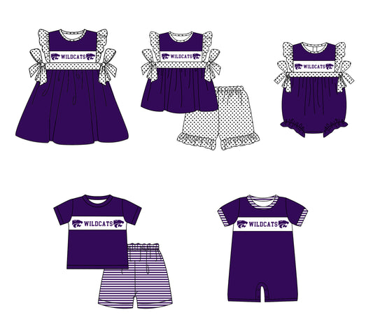 CUSTOM MOQ 5 Sibling Baby Kids Purple Polka Dots Top Shorts Clothes Set Knee Length Dress Rompers