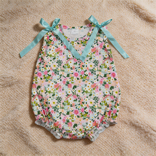 SR4111 RTS NO MOQ （In stock）Sleeveless pink floral baby girls summer romper Ruffle Rompers（副本）