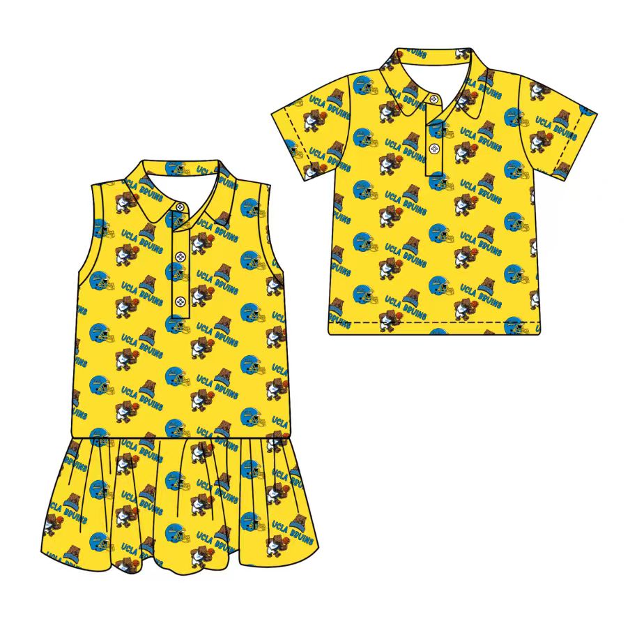 3.17 CUSTOM MOQ 5 Sibling Boys Baby Girls Summer Fashion Short Sleeve Yellow Button Polo Shirts Sleeveless Dress Team Clothes Sets